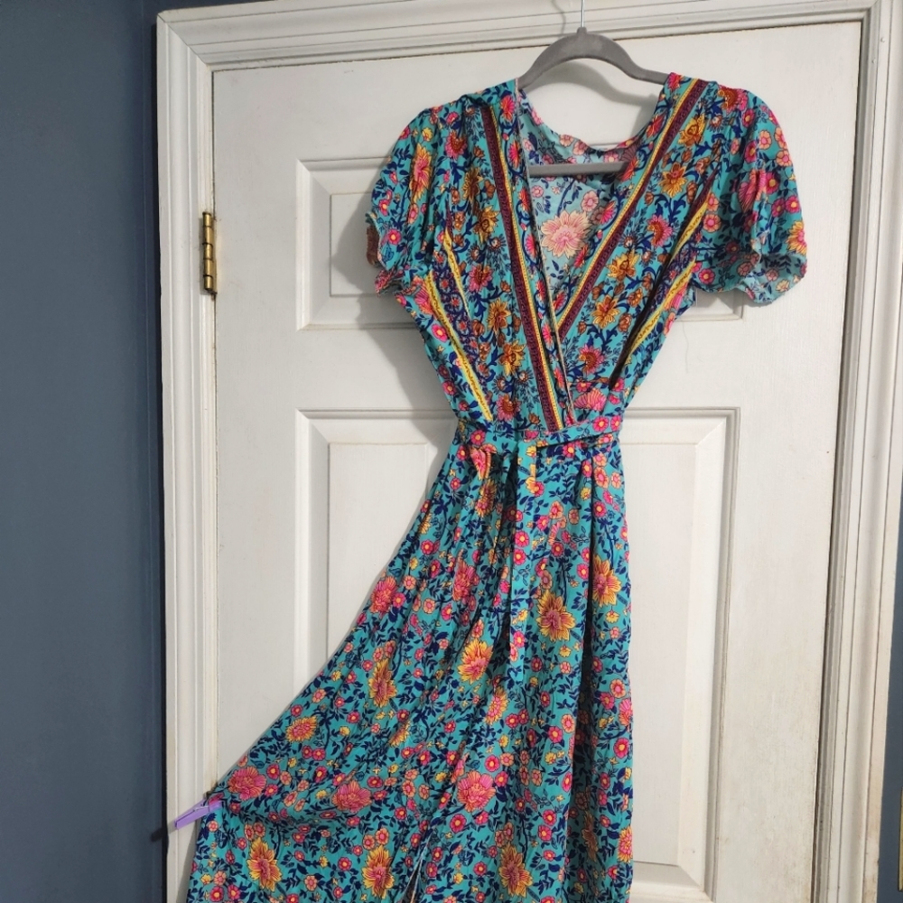 Wrap dress, aqua and multi print.